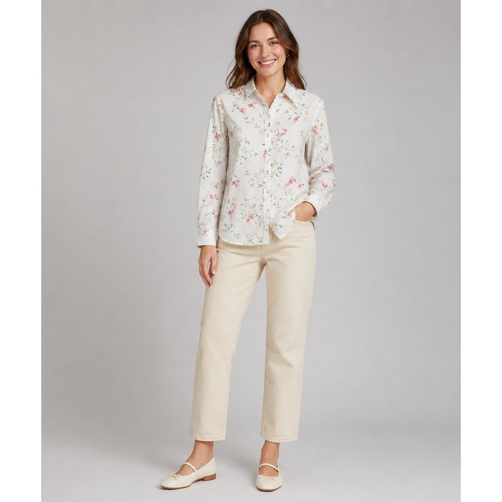 Lands' End Button Front Shirt Womens 6 White Floral Print Supima Cotton Romantic